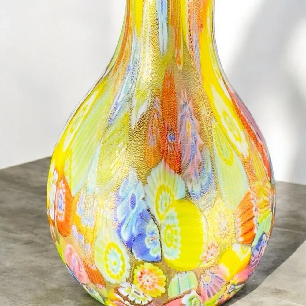 Murano Italian Glass Vase Gold Flecks Aventurine Large Multicolor Millefiori VTG